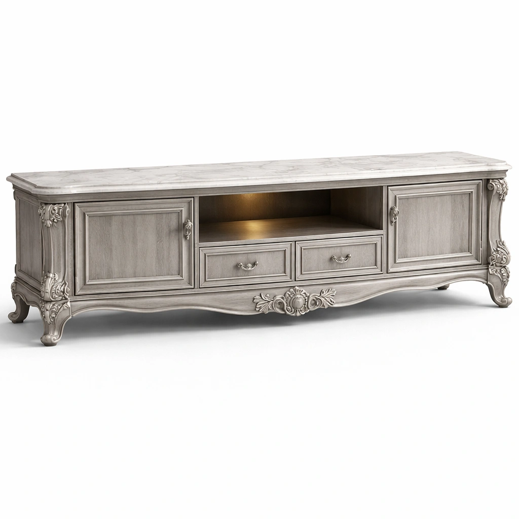 Meuble TV classique gris sculpt avec tiroirs et niches centrales style lgant-zektrio