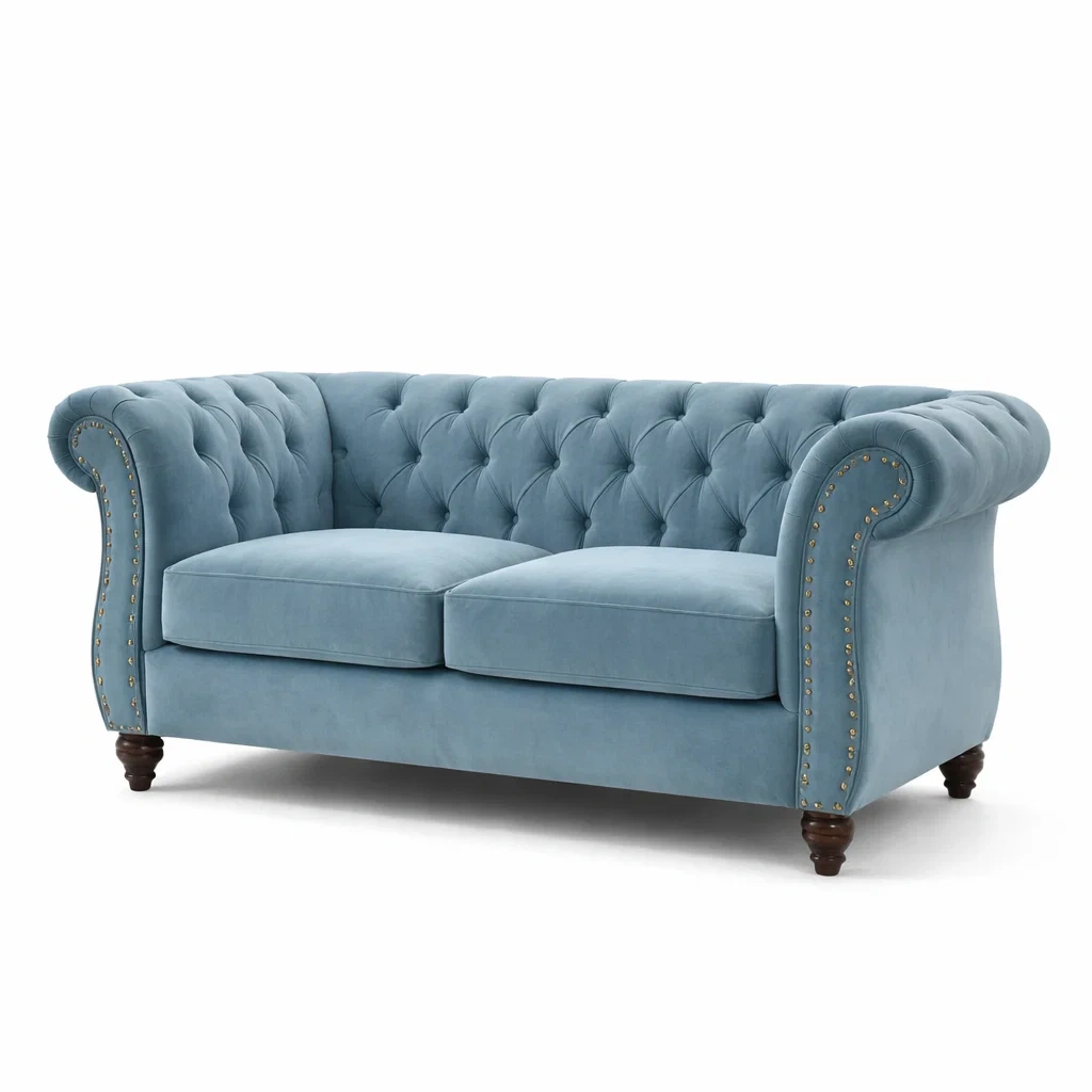 Sofa Samt Blau mit Holzfüßen Dreisitzer