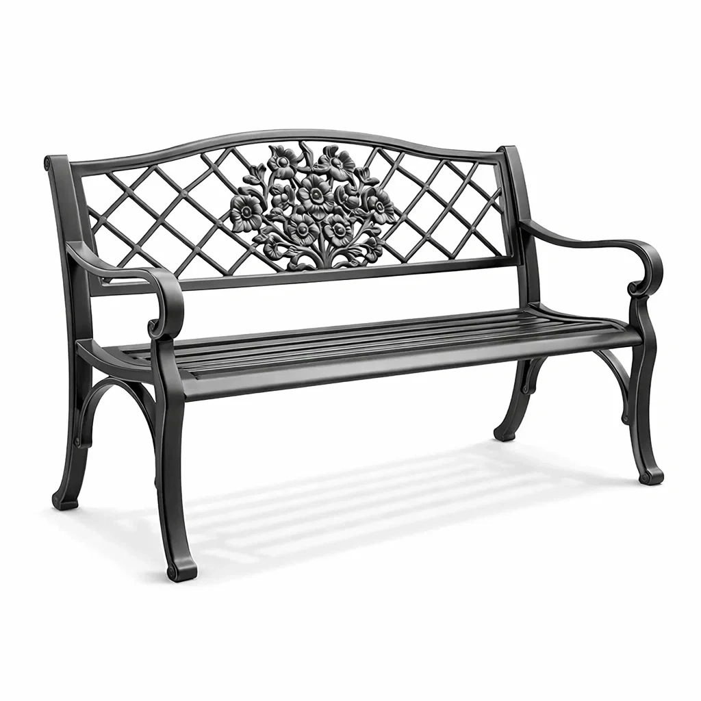 Sitzbank Metall Schwarz mit Blumenmotiv