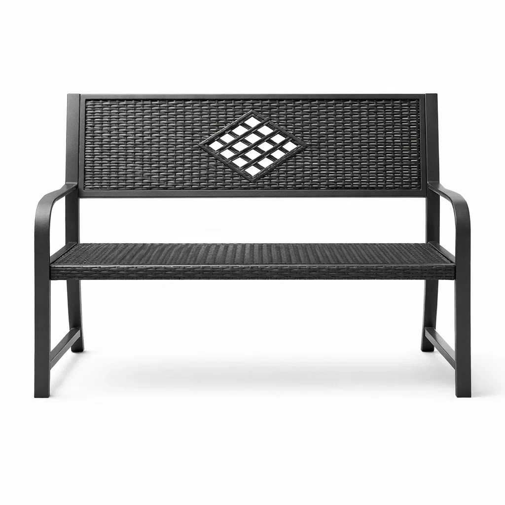 Sitzbank Metall PE Rattan Schwarz 122 x 58 x 86 cm