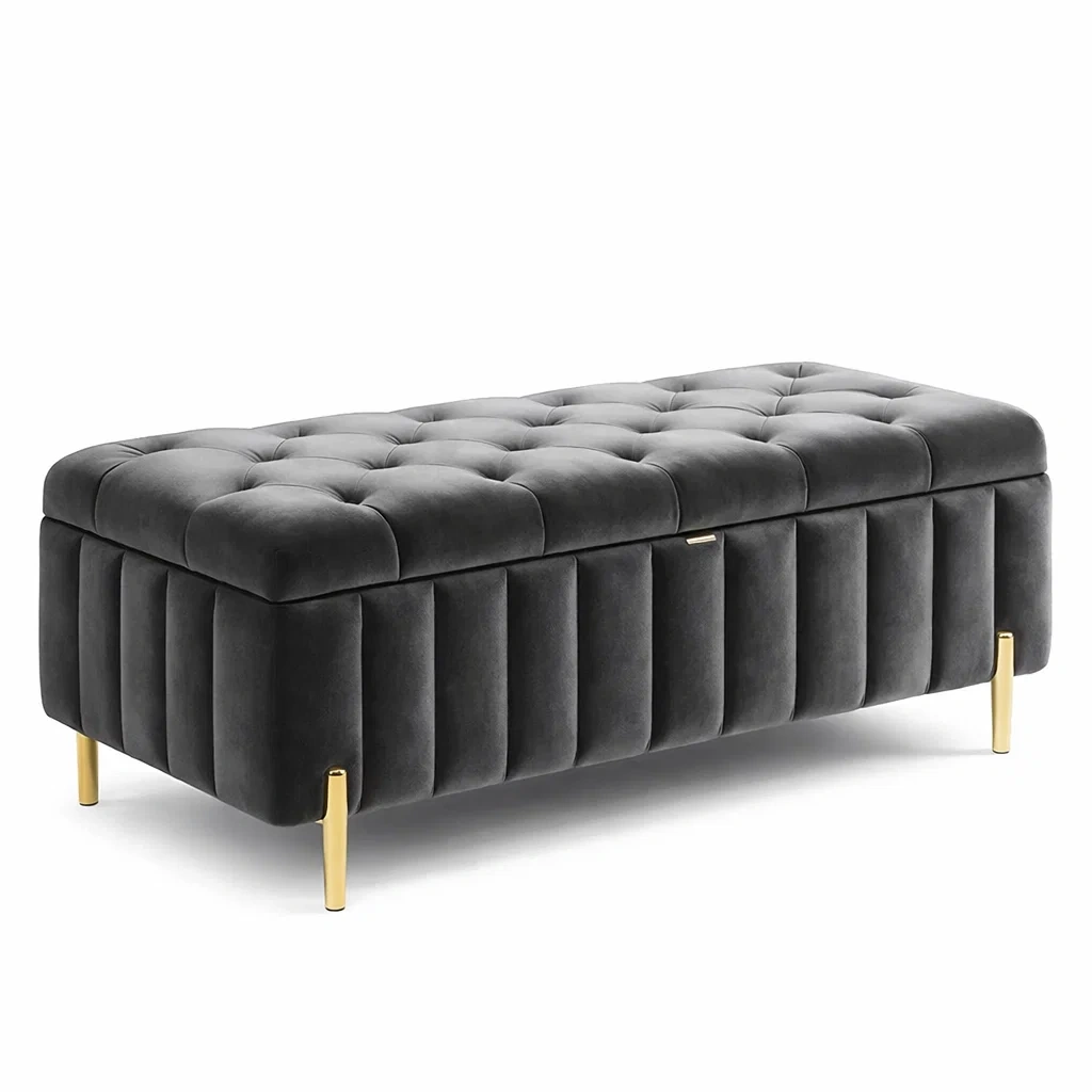 Truhenbank Samt Dunkelgrau mit Metallbeinen
