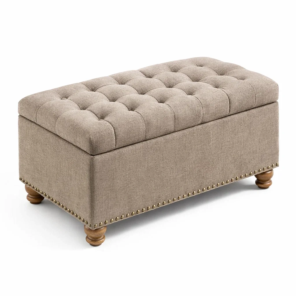 Truhenbank Stoff Beige mit Stauraum und Holzfüßen 84 x 42 x 42 cm