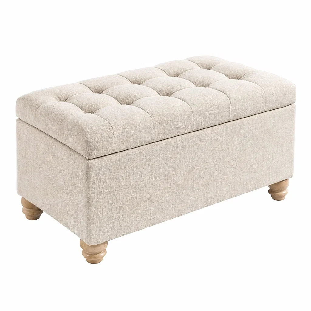 Truhenbank Leinen Beige mit Stauraum und Holzbeinen