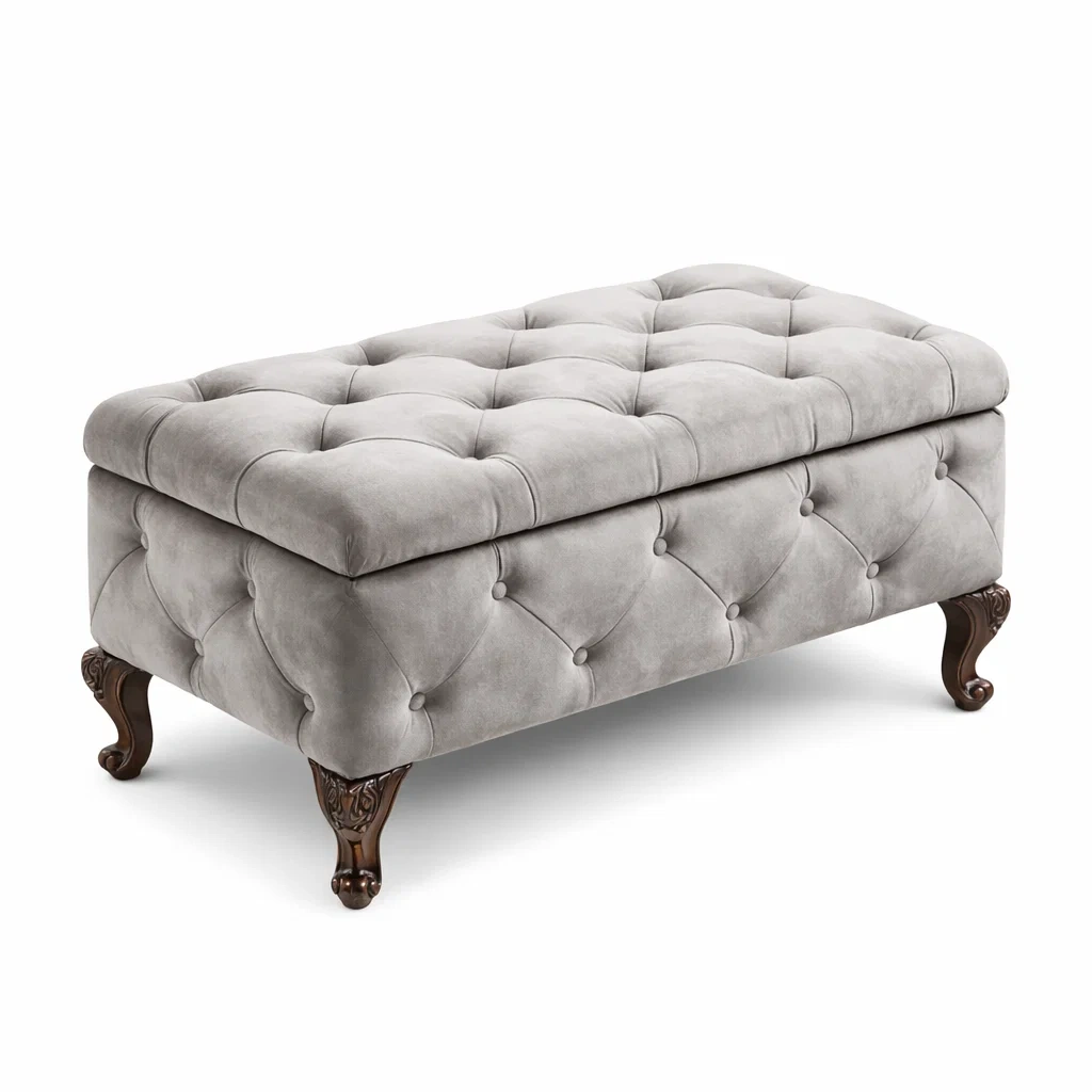 Truhenbank Samt Grau mit Holzbeinen