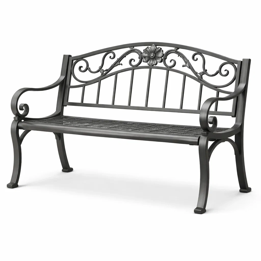 Sitzbank Metall Schwarz mit Blumendesign 127 x 60 x 85 cm