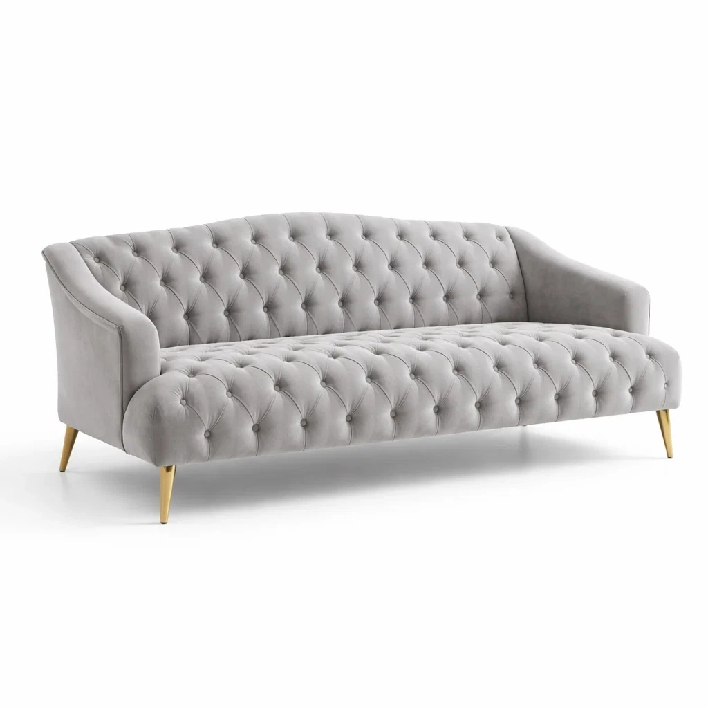 Sofa Samt Grau mit Knopfheftung und Metallbeinen