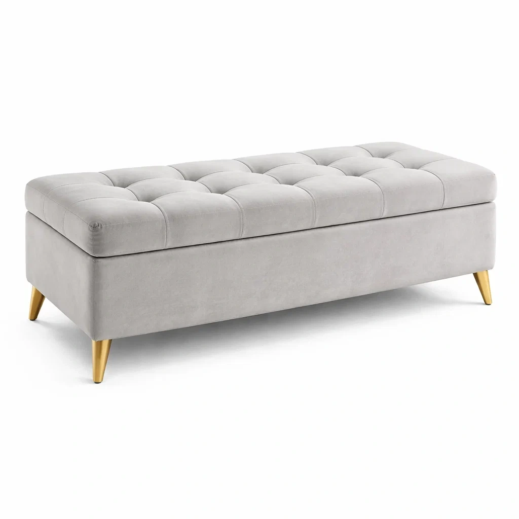 Truhenbank Stoff Hellgrau mit Stauraum 138 x 42 x 44 cm