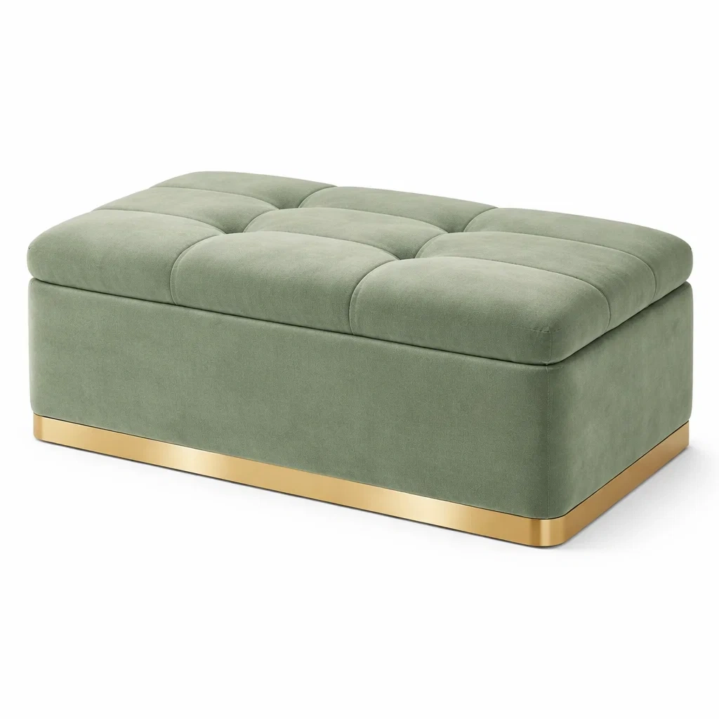 Truhenbank Stoff Grün mit Stauraum und goldener Basis 140 x 60 x 45 cm