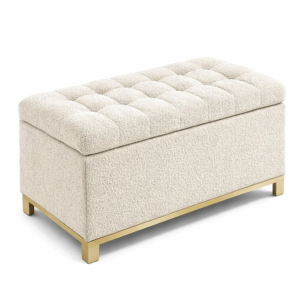 Truhenbank Bouclé Creme mit Stauraum und Metallfüßen