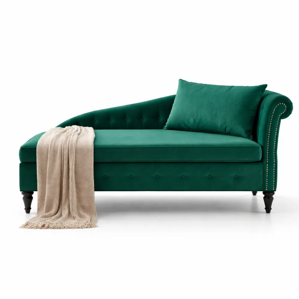 Canapé d'angle en velours avec rangement et coussin, style moderne clouté, accoudoir droit capitonné, parfait pour séjour, bureau, chambre, vert