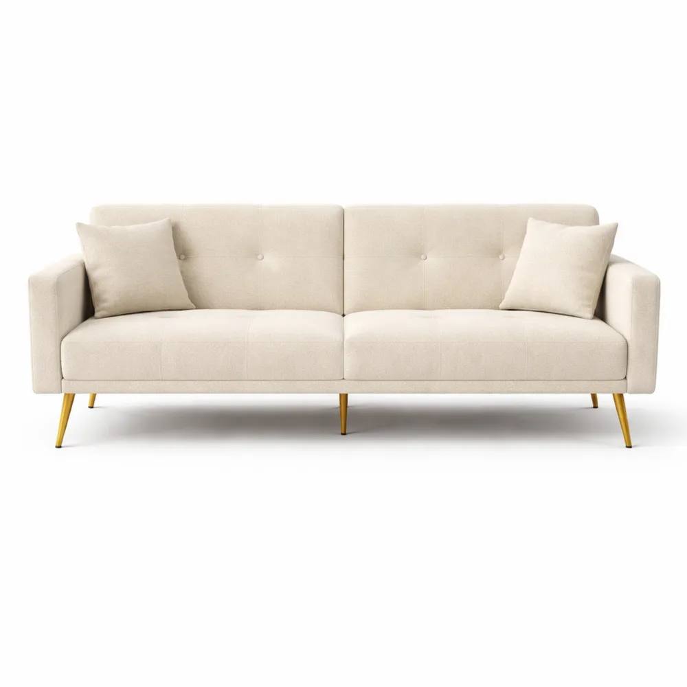 Canapé 2 Places avec Coussins et Rangement Intégré, Pieds Dorés, Fauteuil Polyvalent pour Salon et Chambre (Beige)