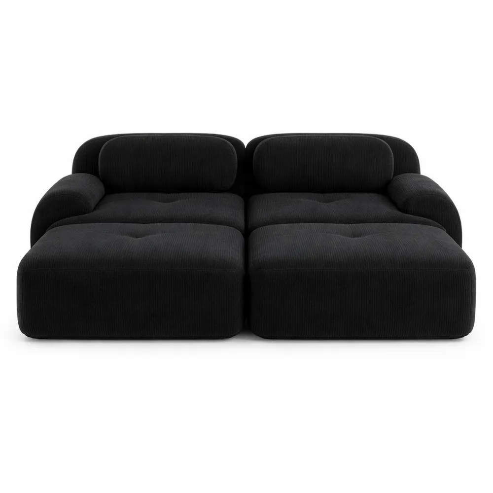 Canapé en velours côtelé avec méridienne, base antidérapante, accoudoirs ergonomiques et rembourrage élastique, noir, 2 places