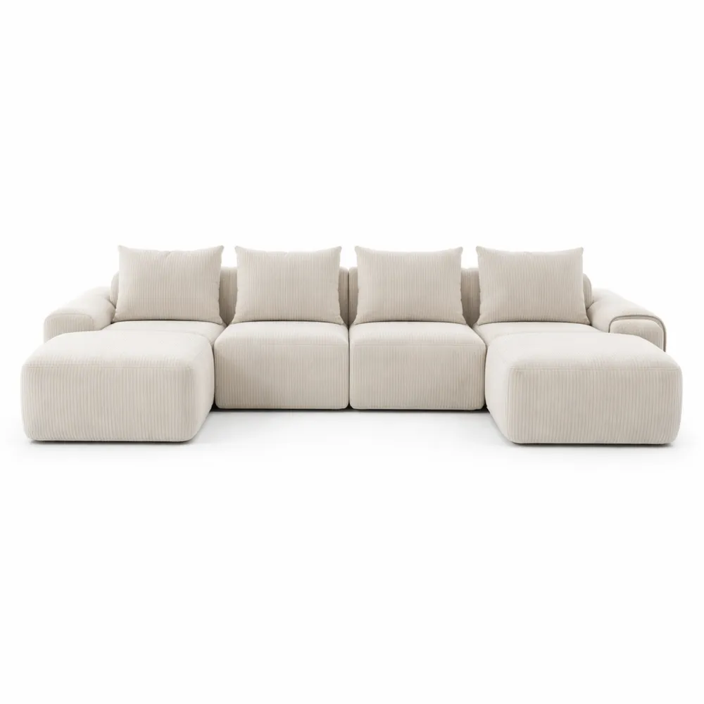 Canapé d'angle modulable en velours côtelé avec porte-gobelet