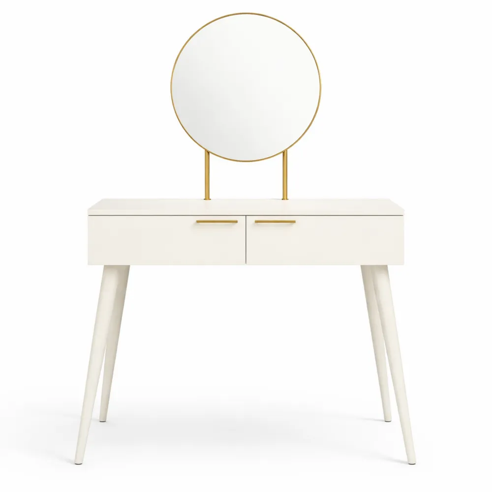 Table de Maquillage Moderne avec Miroir Rond et Tiroirs en Bois