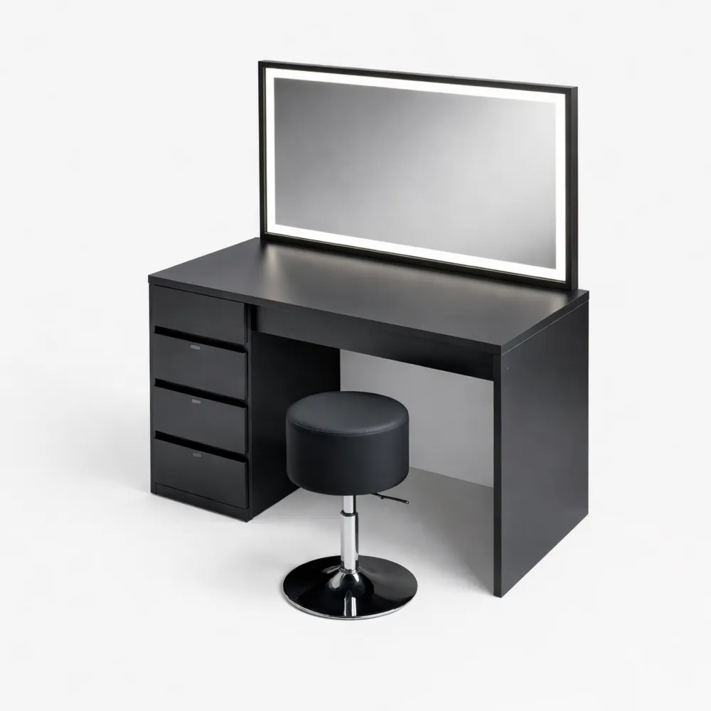 Table de Maquillage avec Miroir LED et Tabouret, Noir et Or, 120cm