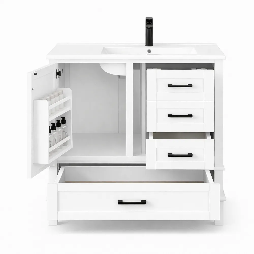 Meuble de salle de bains avec lavabo en céramique et rangements intégrés