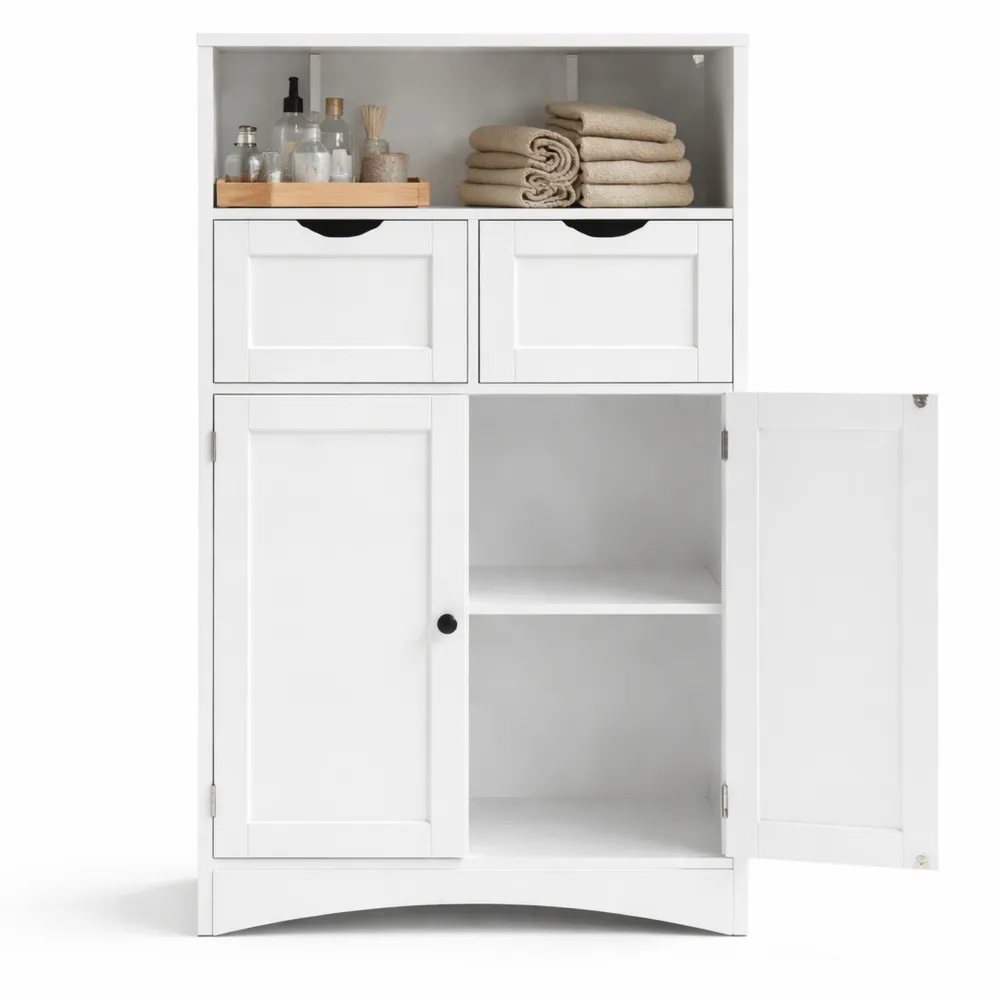 Armoire de rangement ajustable à deux portes et deux tiroirs pour salle de bain