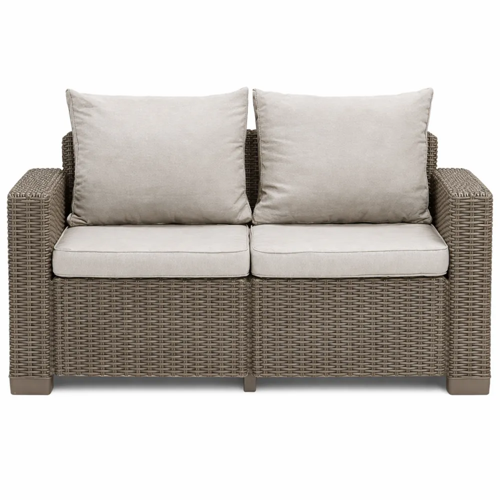 Divano da giardino a due posti con cuscini, 141x68x71,5 cm, finitura intrecciata, colore cappuccino