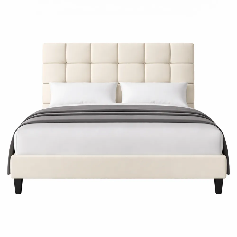 Letto Imbottito con Testiera Regolabile e Doghe in Legno Beige