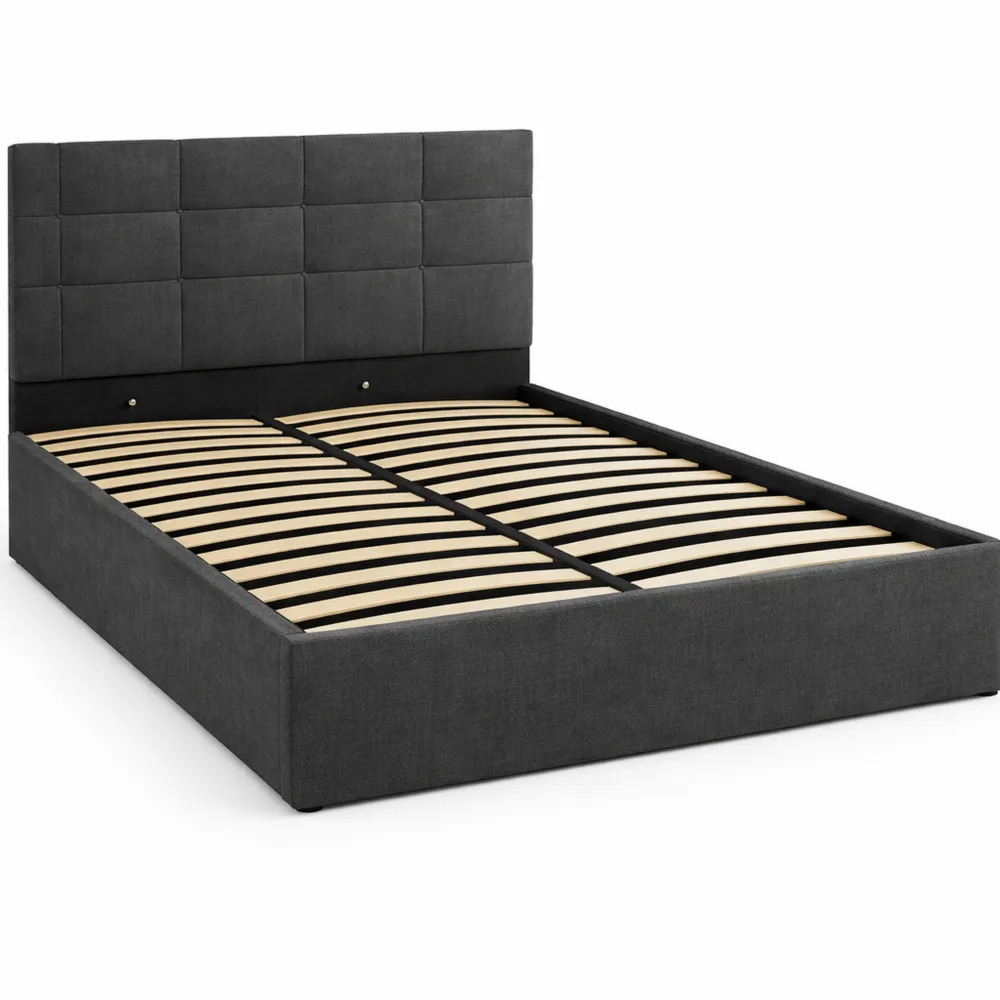 Letto imbottito con contenitore idraulico e doghe in antracite, misure 140x200cm e 180x200cm