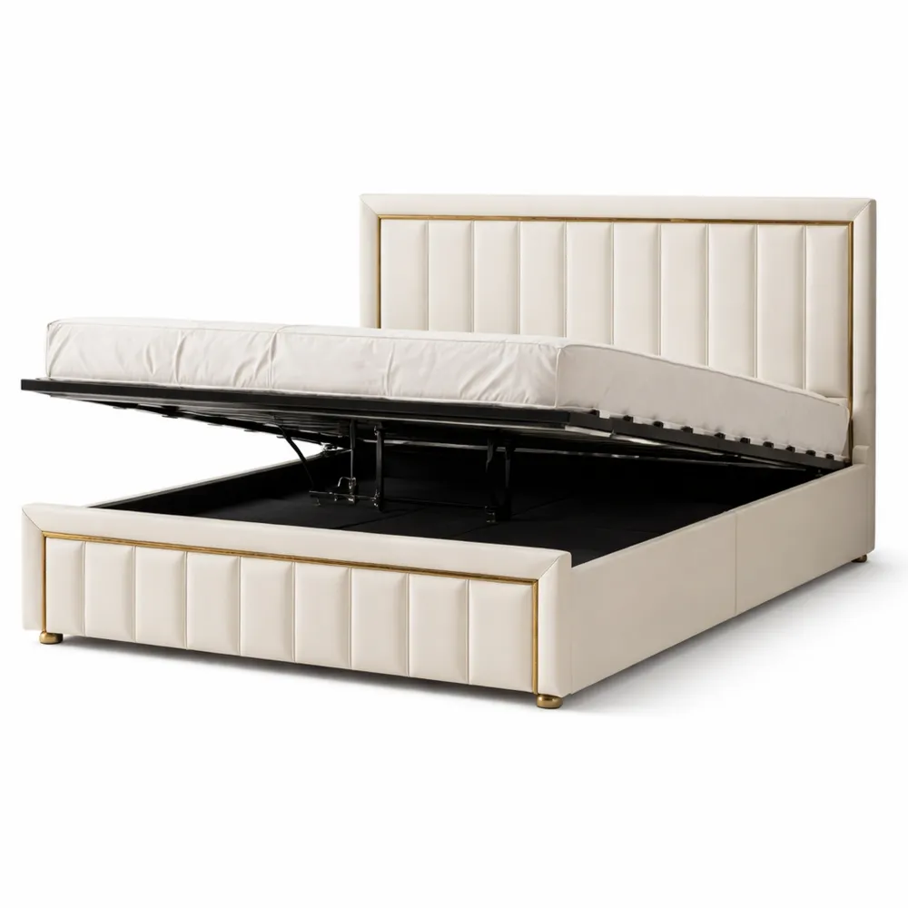 Letto matrimoniale con contenitore idraulico e rete a doghe in legno, flanella beige