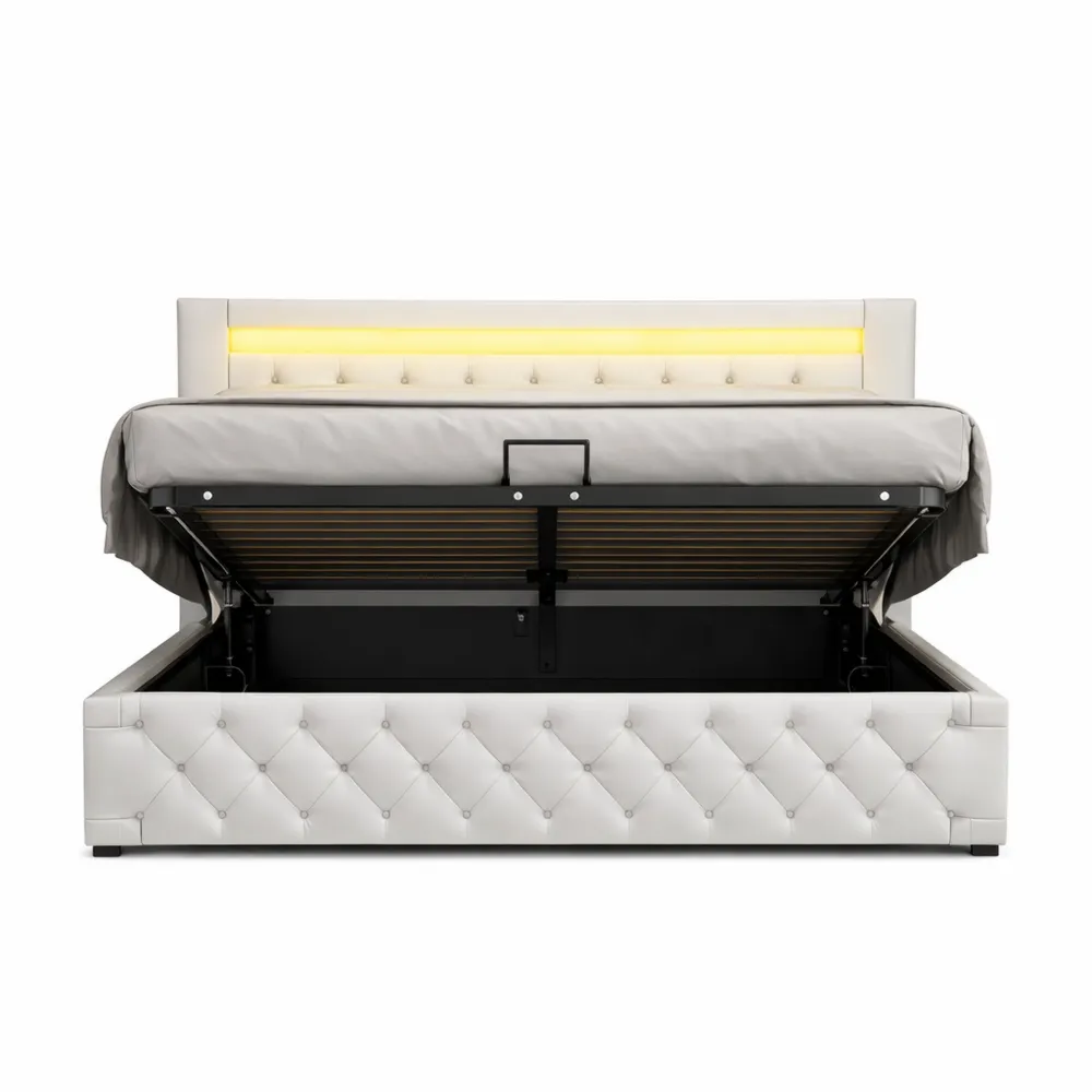 Letto Matrimoniale Imbottito con Contenitore e LED