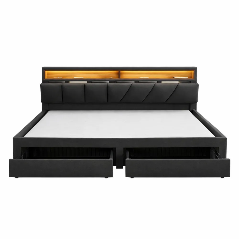 Letto matrimoniale imbottito 160x200 cm con luci LED e contenitore