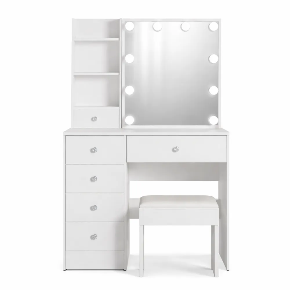 Tavolo cosmetico moderno con specchio e illuminazione, 6 cassetti e ripiani, sgabello incluso