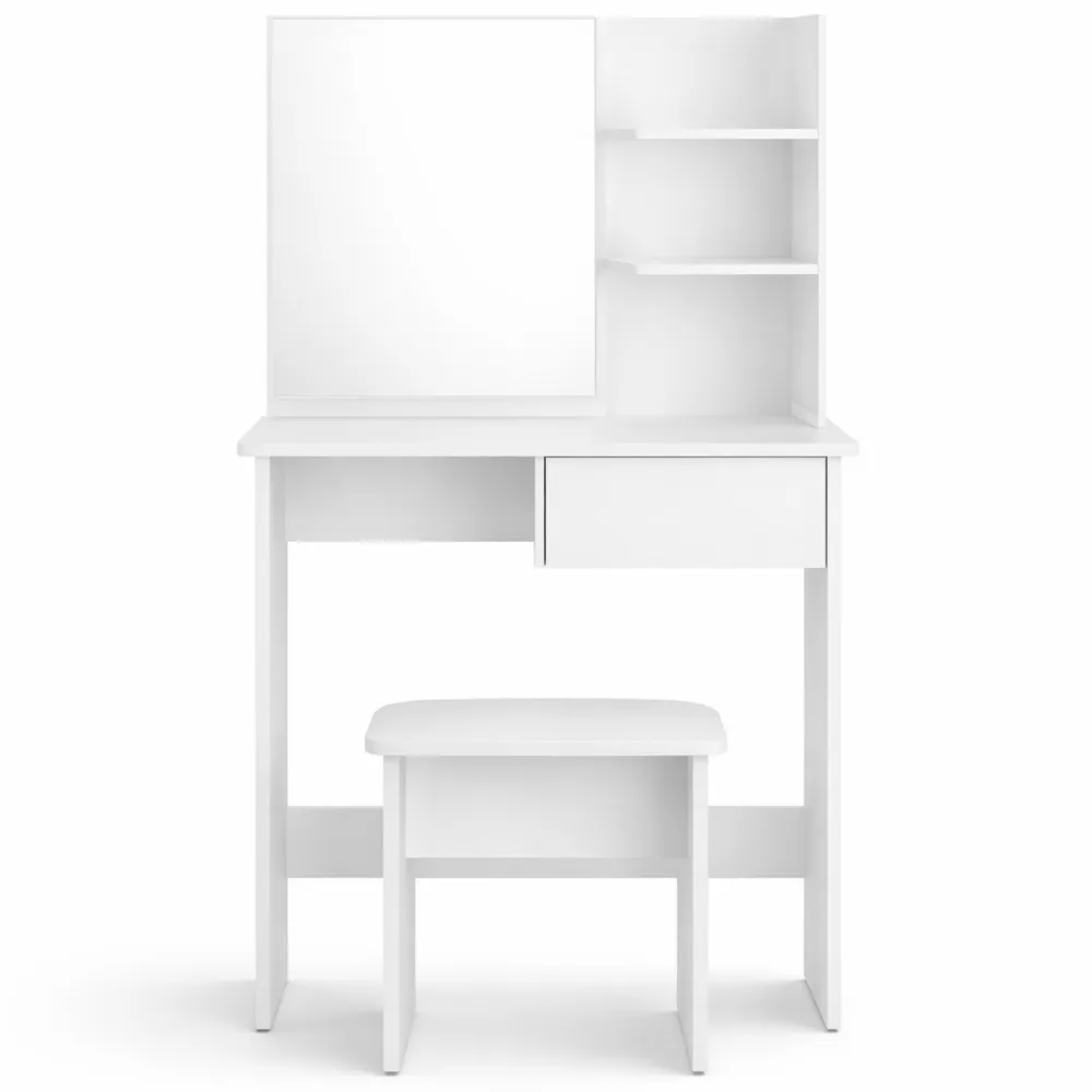 Tavolo da Trucco con Specchio e Sgabello, 1 Cassetto e 3 Ripiani per Camera da Letto