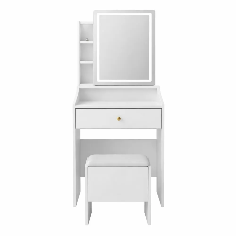 Tavolo da trucco con specchio illuminato e sgabello, luminosità regolabile, bianco, 62 x 150 cm