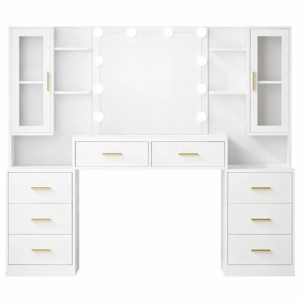 Toletta Moderna con Specchio e Luci LED Regolabili, 8 Cassetti e 2 Armadietti, Bianca 150x135x40cm