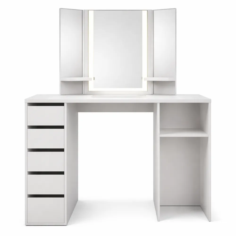 Tavolo da trucco angolare bianco con specchio LED 110 cm