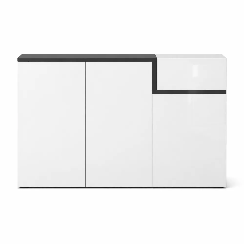 Scarpiera moderna a 4 ante ribaltabili, colore bianco lucido e grigio ardesia, dimensioni 120x40x80 cm