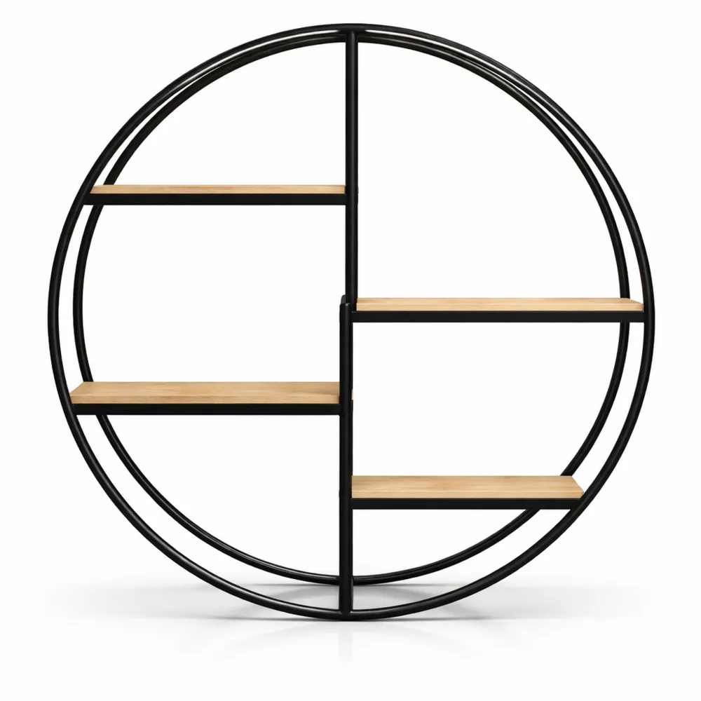 Étagère Murale Ronde en Bois et Métal, Design Industriel pour Salon et Salle de Bain