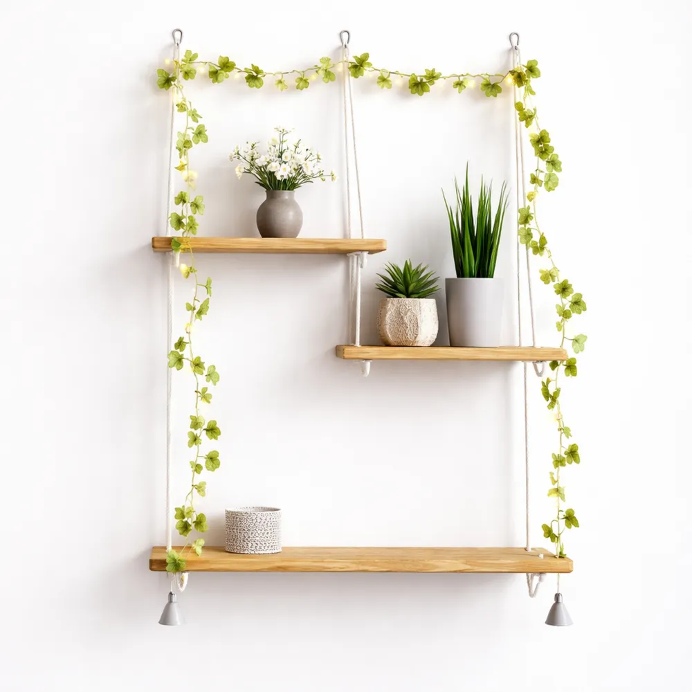 Étagère Murale en Macramé avec Lumières, 3 Niveaux, Bois et Corde