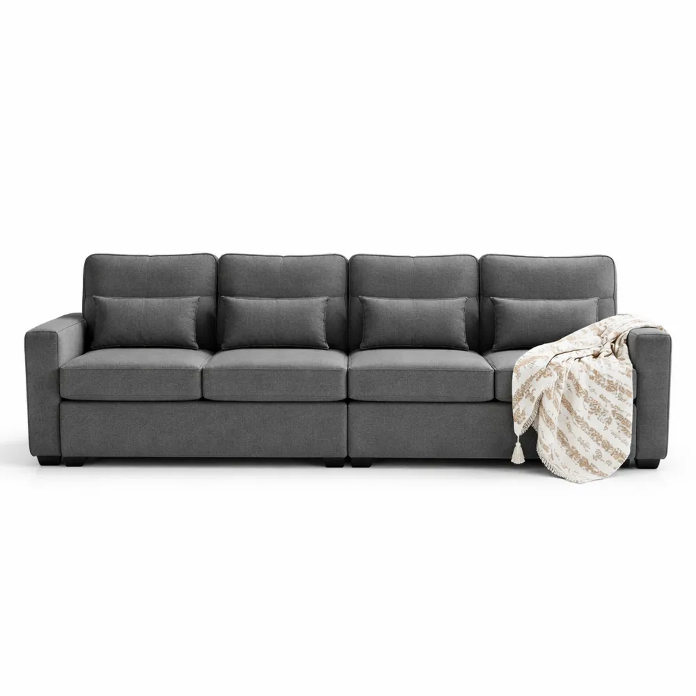 Canapé contemporain 4 places avec accoudoirs et coussins amovibles en lin