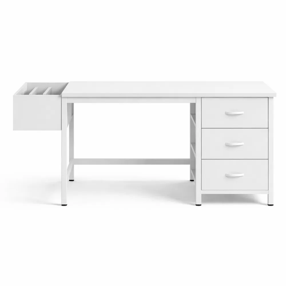 Bureau fonctionnel avec prises et espaces de rangement pratiques en blanc
