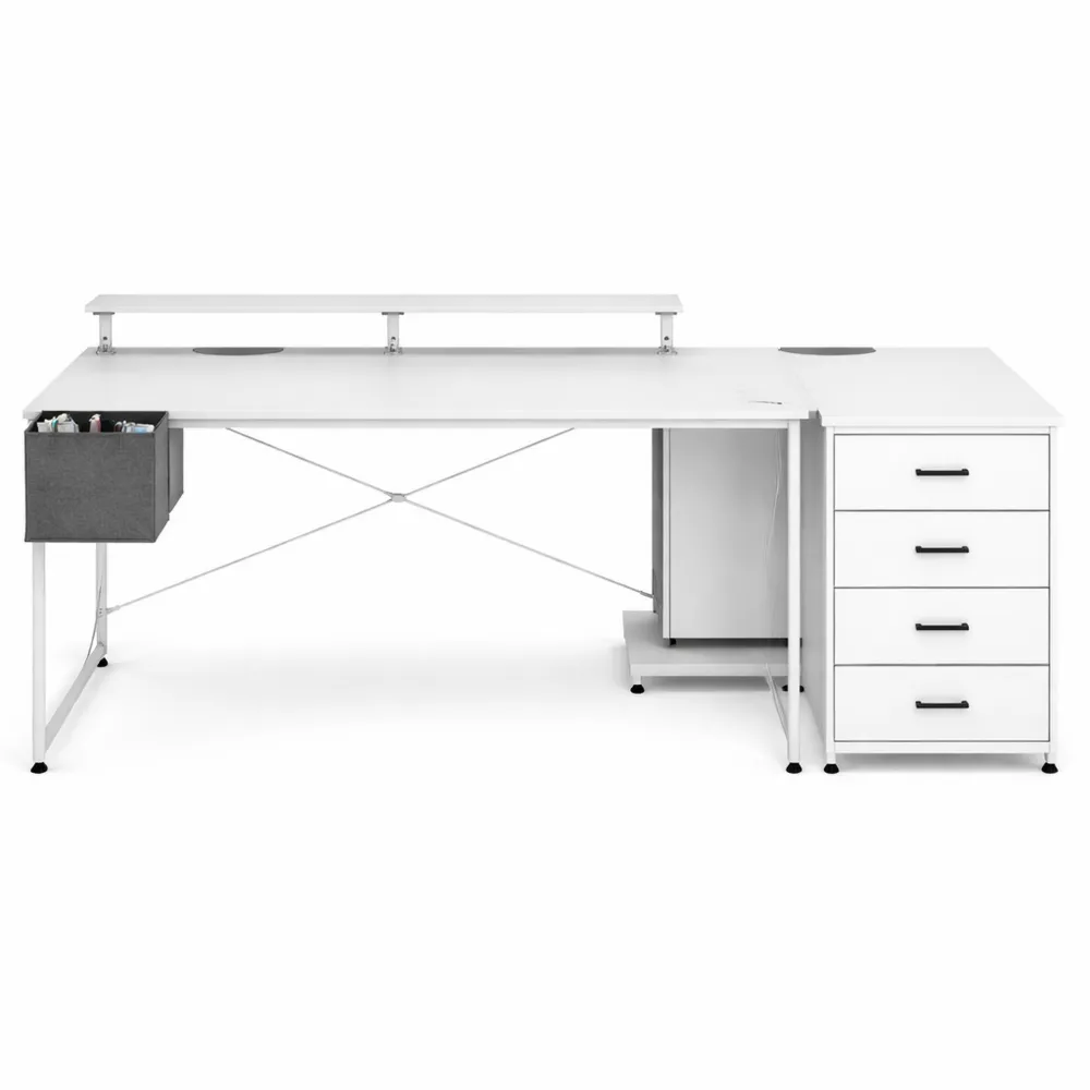 Bureau d'angle réversible avec tiroirs et prises intégrées