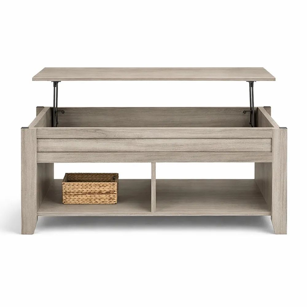 Table de salon relevable avec rangements cachés, design moderne, gris