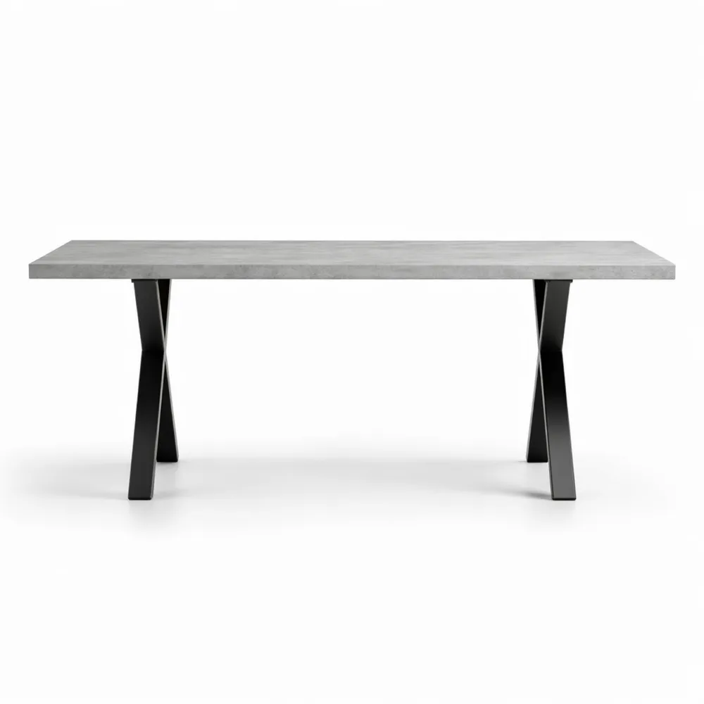 Table de salle à manger rectangulaire avec pieds croisés en fer forgé, finition béton et noir