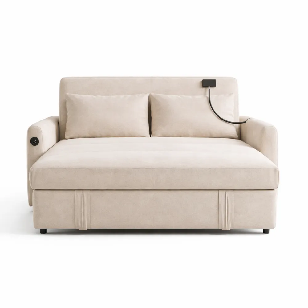 Canapé-lit Convertible 2 Places avec Ports USB et Support Téléphone, Beige