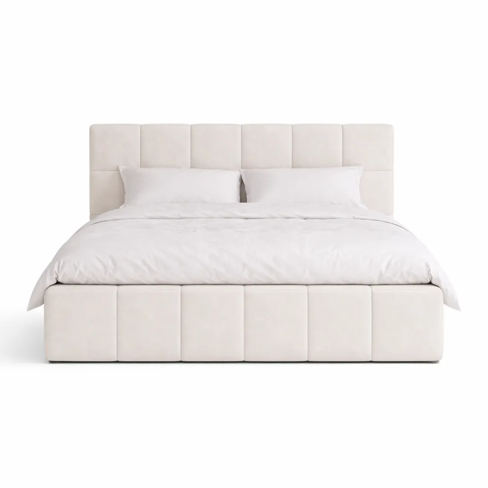 Lit double avec coffre et sommier à lattes 160 x 200 cm, espace de rangement intégré, crème clair