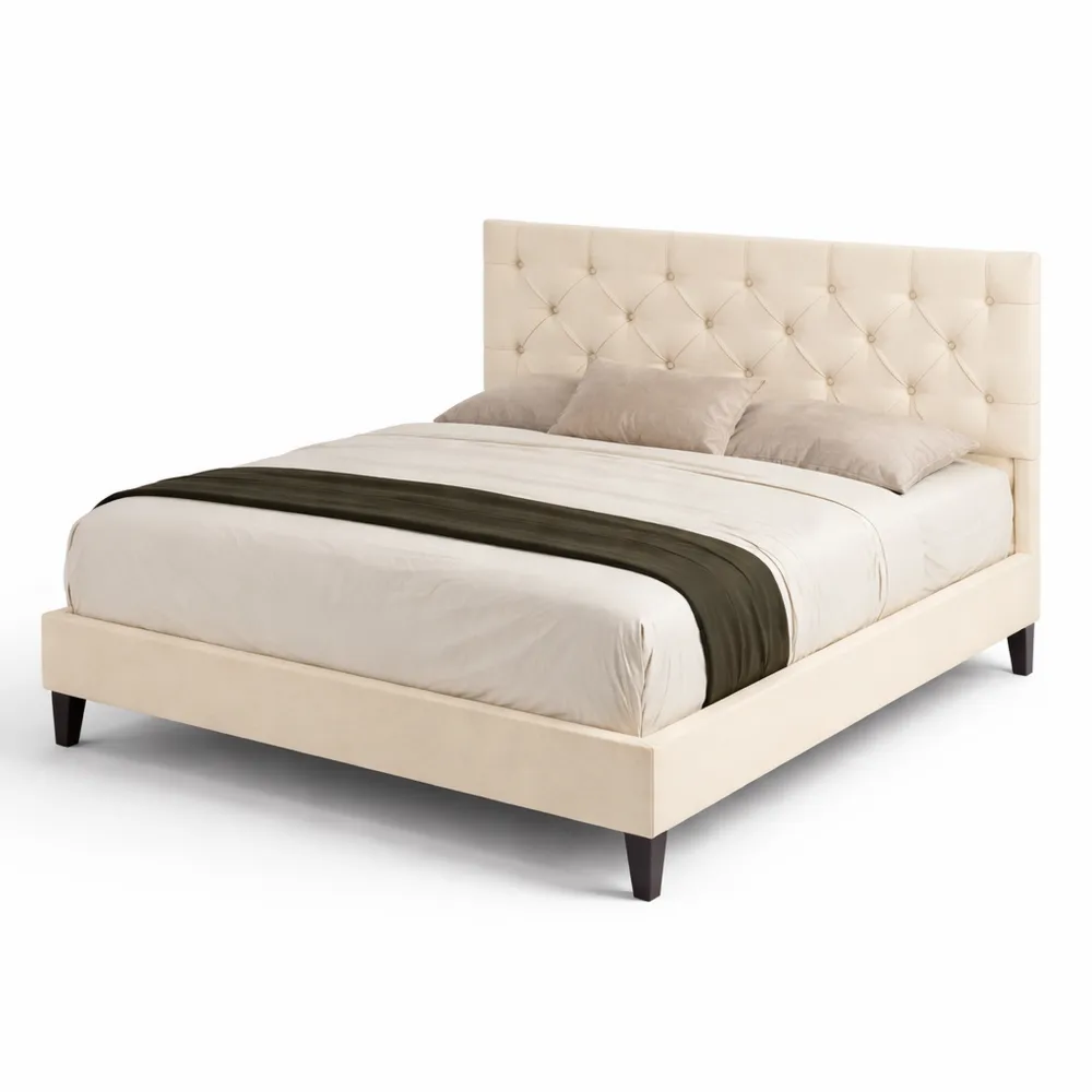 Lit Double 140x190 cm en Velours Beige avec Tête Réglable, Structure en Bois Robuste