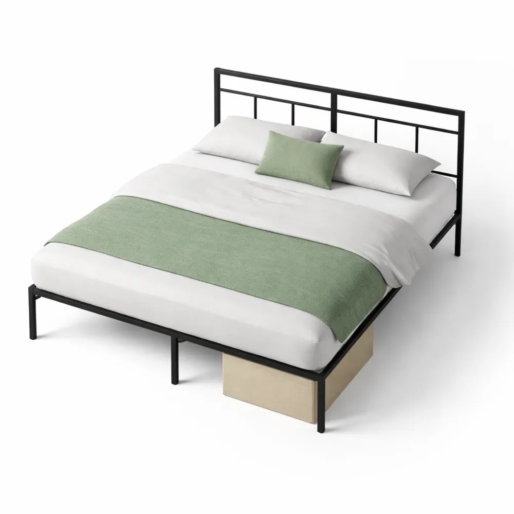 Lit Double en Métal 140x190 cm avec Tête de Lit - Sommier à Lattes et Espace de Rangement