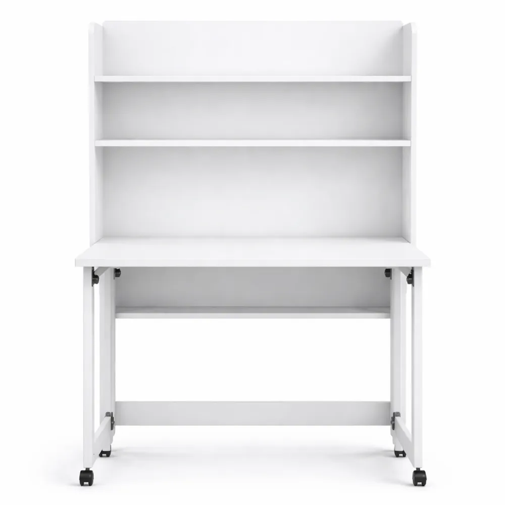 Bureau informatique avec étagères et plateau rabattable, roulettes incluses