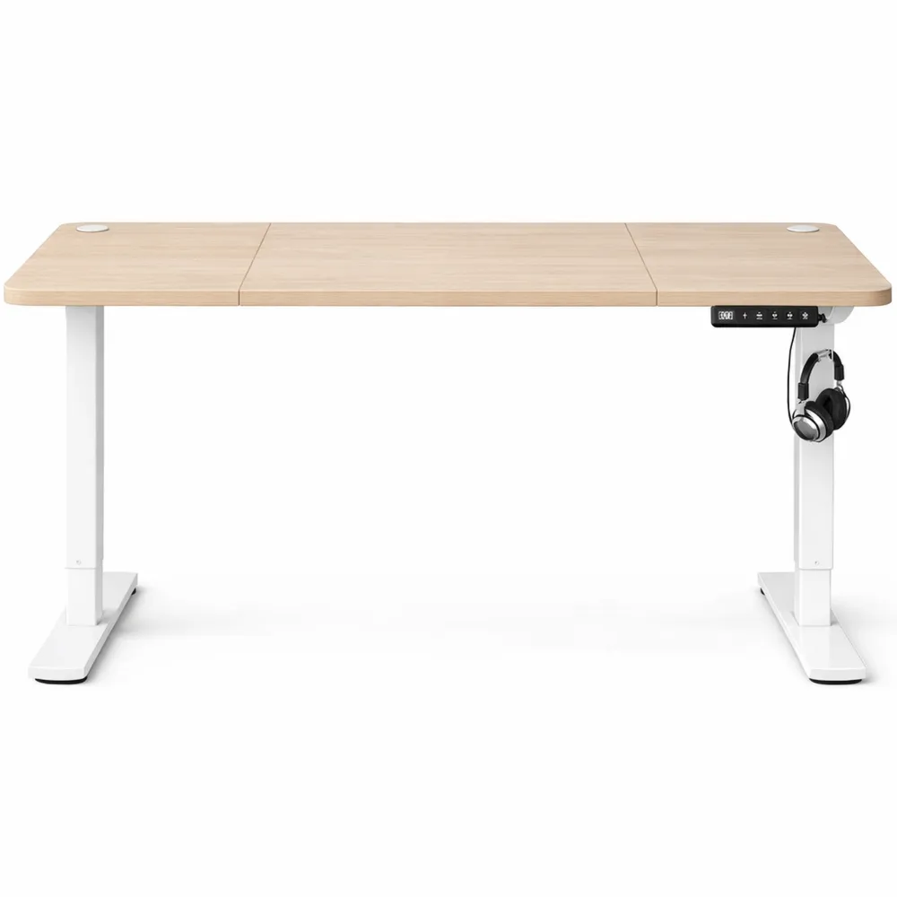 Bureau Réglable en Hauteur avec Chargeur USB, Plateau Ergonomique et Mémoire, 160 x 70 cm, Beige