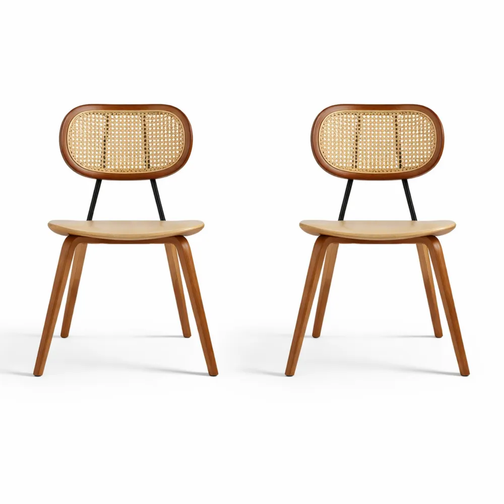 Set de 2 chaises en cuir PU avec dossier en rotin pour salle à manger