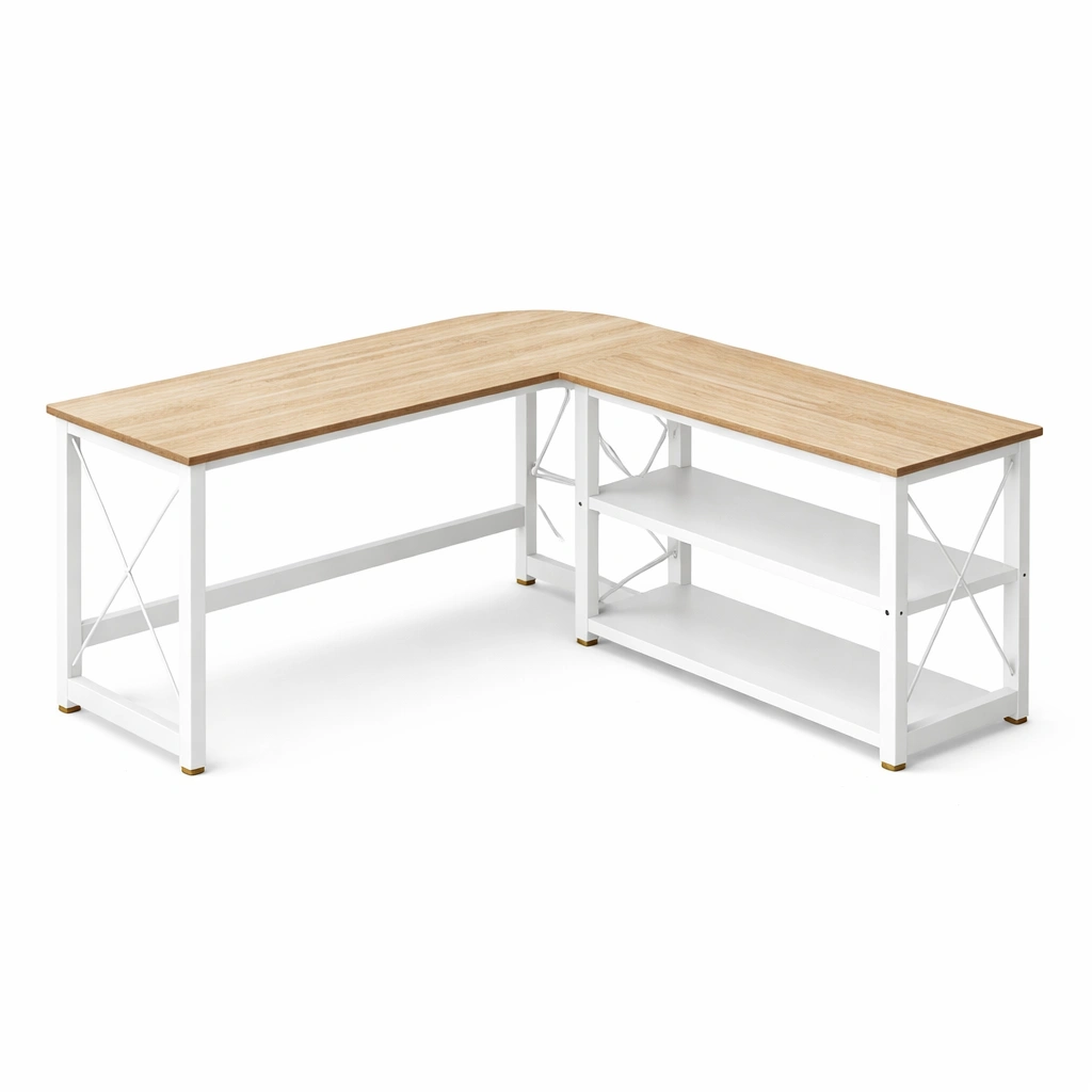 Bureau d'angle en bois clair avec tagres ouvertes-Rovtravo