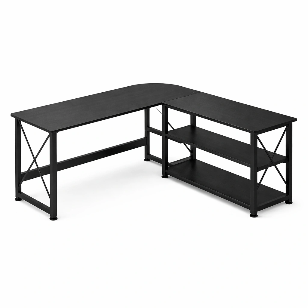 Bureau d'angle en noir avec tagres ouvertes-Rovtravo