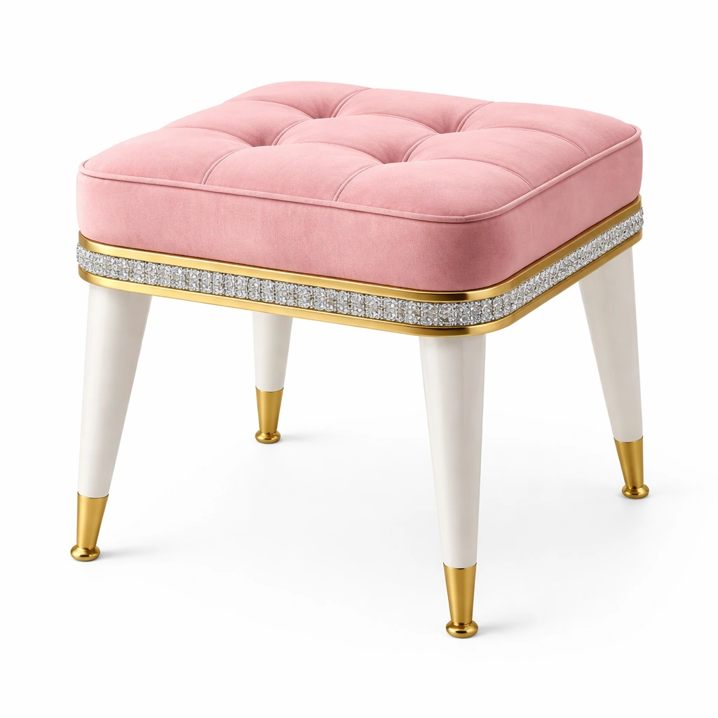 Tabouret rose avec bordure en cristal et pieds dors-Rovtravo